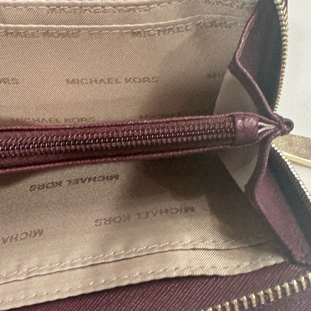 Michael Kors (Deep Burgundy) Pebbled Leather Zip Wallet with Gold MK Logo - Picture 4 of 6